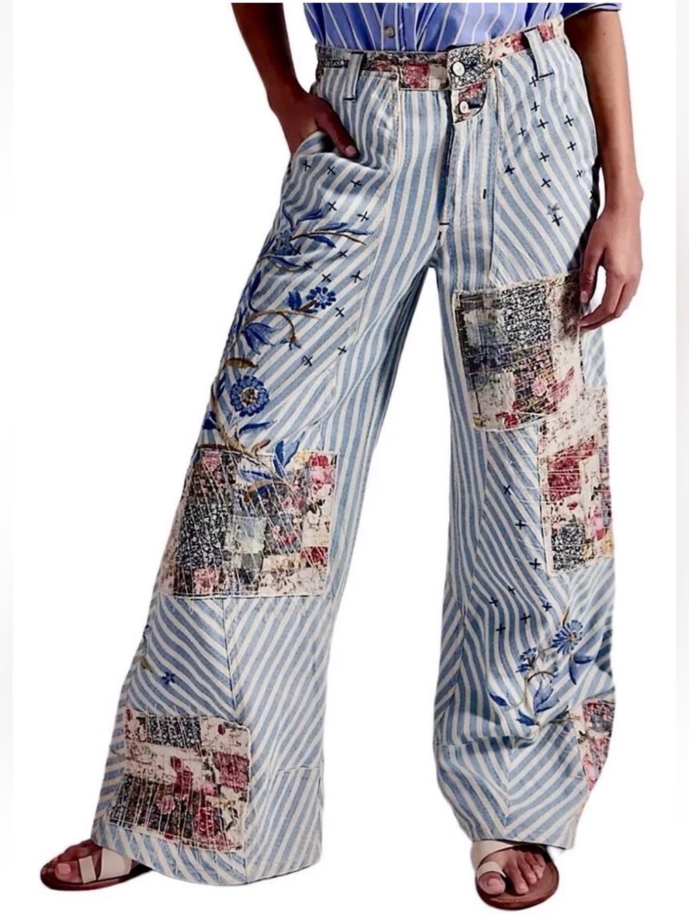 FREE PEOPLE Runyon Patched Pants - Wide Leg Striped Floral Patchwork - Picture 10 of 10